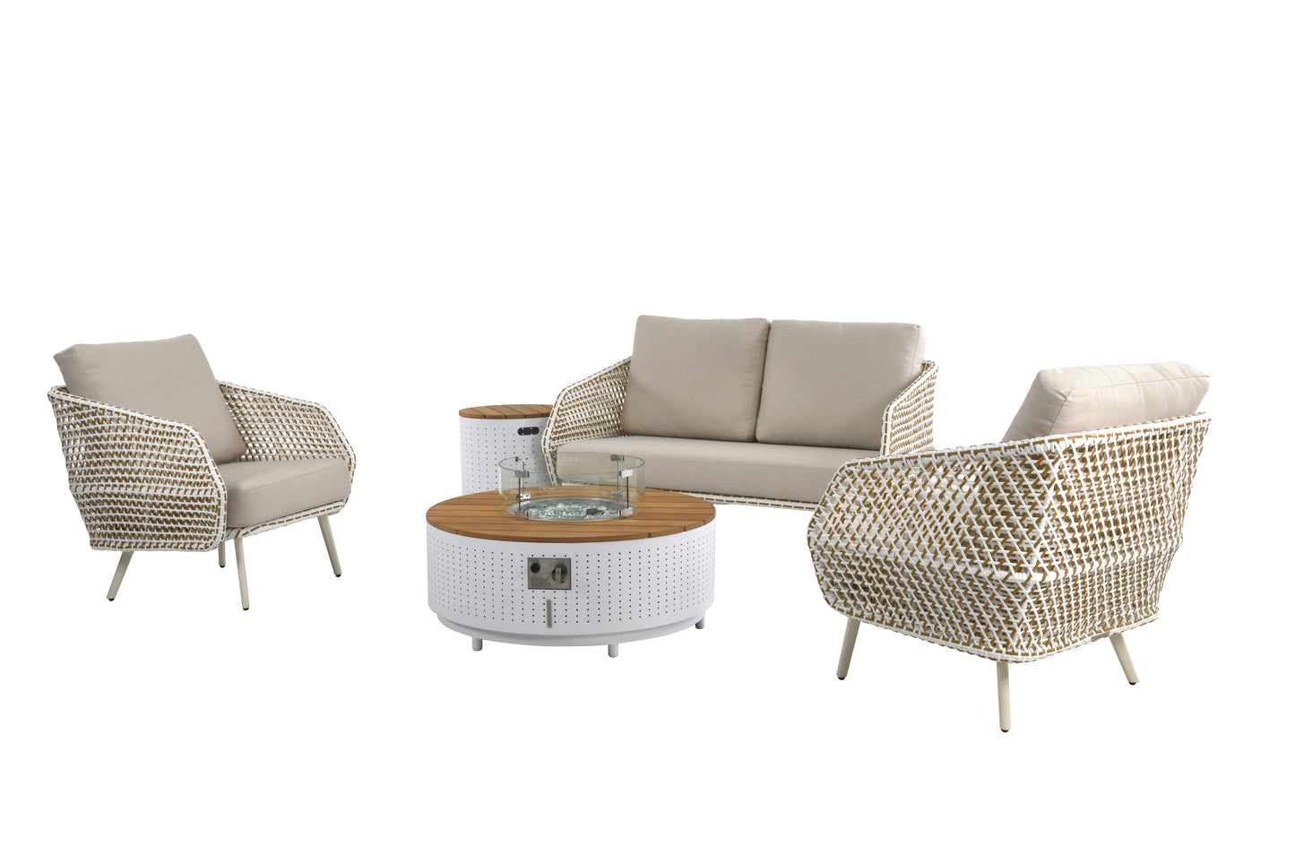 This is a modern outdoor lounge furniture set, featuring a two-person sofa, two single armchairs, and a round fire pit table in the center. The base of the fire pit table is white, with a woven or perforated design, while the wooden tabletop is fitted with a gas fire pit, surrounded by a transparent tempered glass wind guard. This set is perfect for outdoor relaxation spaces, with the fire pit table adding both warmth and ambiance to your evenings.