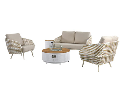 This is a modern outdoor lounge furniture set, featuring a two-person sofa, two single armchairs, and a round fire pit table in the center. The base of the fire pit table is white, with a woven or perforated design, while the wooden tabletop is fitted with a gas fire pit, surrounded by a transparent tempered glass wind guard. This set is perfect for outdoor relaxation spaces, with the fire pit table adding both warmth and ambiance to your evenings.