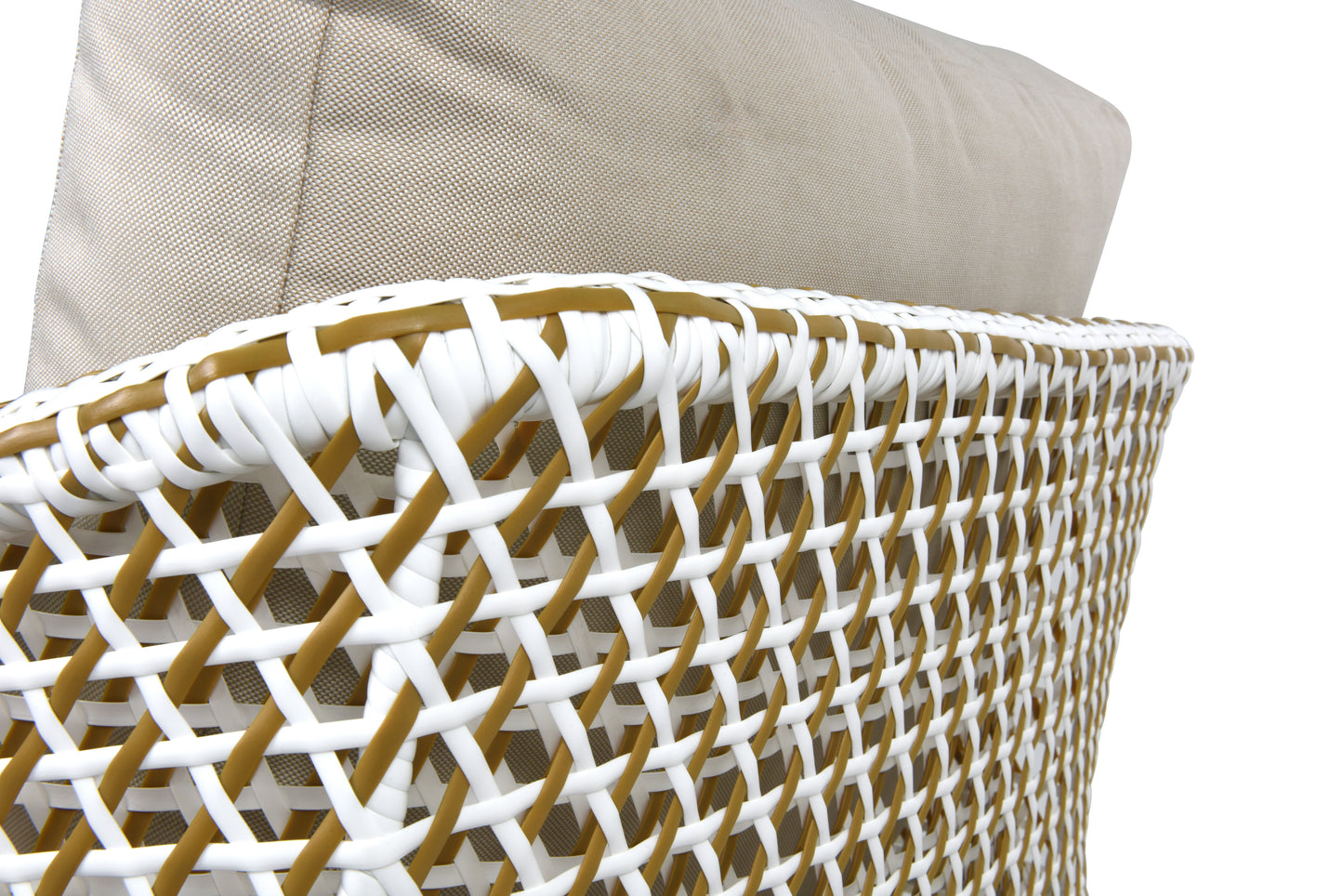 The thick seat and back cushions are upholstered in light beige, linen-textured fabric. The white and brown woven strips are intricately interlaced, creating a bamboo-like pattern that weaves both above and below each other, forming a layered, mesh-like structure.