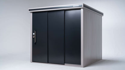 The YODOKO Premium Outdoor Large Shed LMDS by BON PERGOLA boasts a sleek, minimalist design with a dark sliding door and light gray panels. Enhanced by Japanese craftsmanship, its perfect for storing tools or garden equipment against a plain background.