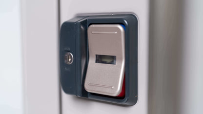 Close-up of a fingerprint scanner on the YODOKO Premium Outdoor Large Shed LMDS by BON PERGOLA, showcasing Japanese craftsmanship with a metallic sensor plate and small square screen for biometric access. The design echoes precision and elegance.