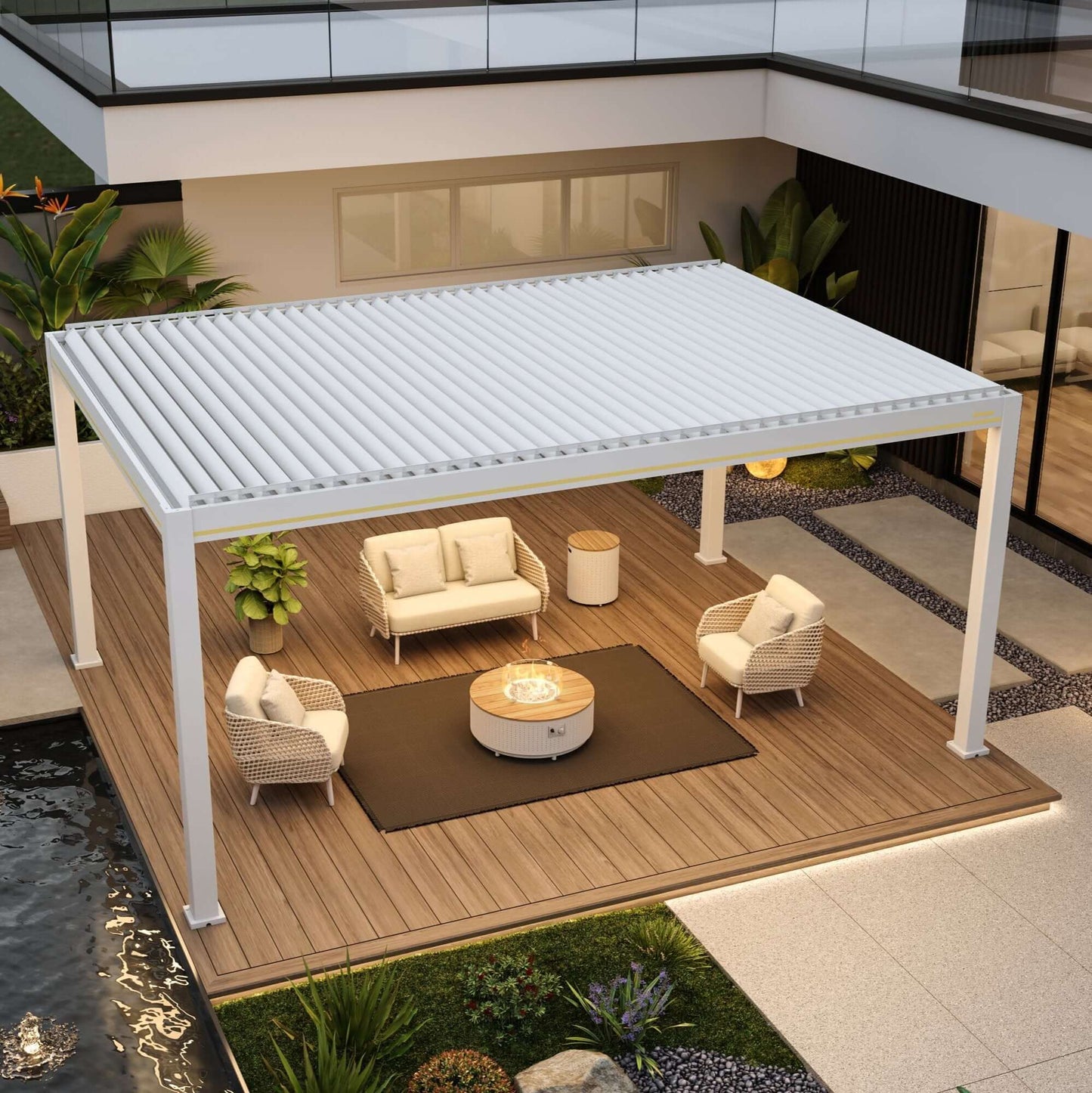 An overhead rendering of an outdoor leisure area featuring a white electric louvered pergola. The louvered top is partially open, providing shade. Below, there’s a set of light beige outdoor lounge furniture, including a two-seat sofa and two single woven armchairs, all with light-colored cushions. In the center of the seating area, there’s a round coffee table with a gas fire pit in the middle, surrounded by a transparent glass wind guard.