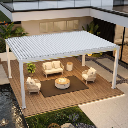 An overhead rendering of an outdoor leisure area featuring a white electric louvered pergola. The louvered top is partially open, providing shade. Below, there’s a set of light beige outdoor lounge furniture, including a two-seat sofa and two single woven armchairs, all with light-colored cushions. In the center of the seating area, there’s a round coffee table with a gas fire pit in the middle, surrounded by a transparent glass wind guard.
