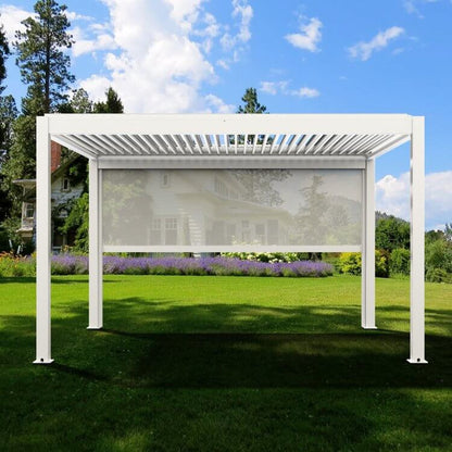 The white Bon Pergola 10x13 motorized louvered pergola features a clean, modern design with sturdy white posts and beams. The partially open louvers cast sleek, linear shadows across the outdoor space. On one side, a light gray Bon Pergola Wind Resistant Screen for Villa Pergola SCN is partially lowered, offering gentle shade and added privacy.