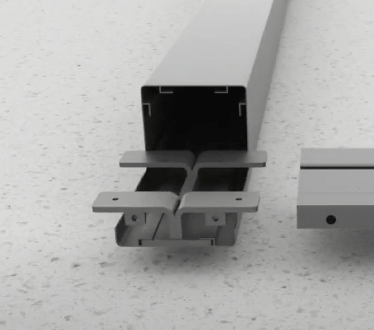 The cross-section of the light gray square aluminum column reveals a complex internal structure with multiple partitions and connectors. The column’s end features pre-drilled holes and slots, ensuring a sturdy design that provides excellent support. These pre-made holes and slots also streamline the pergola’s assembly process, ensuring precise connections between the components.