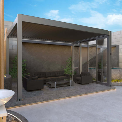 The dark gray Bon Pergola features fully closed louvers, creating a solid roof for complete shade. Its structure is built with thick dark gray beams and posts, forming a semi-enclosed outdoor space. One side is fitted with Bon Pergola Premium Sliding Glass—multi-panel glass sliding doors with dark gray frames. The doors are partially open, blending indoor comfort with outdoor living.