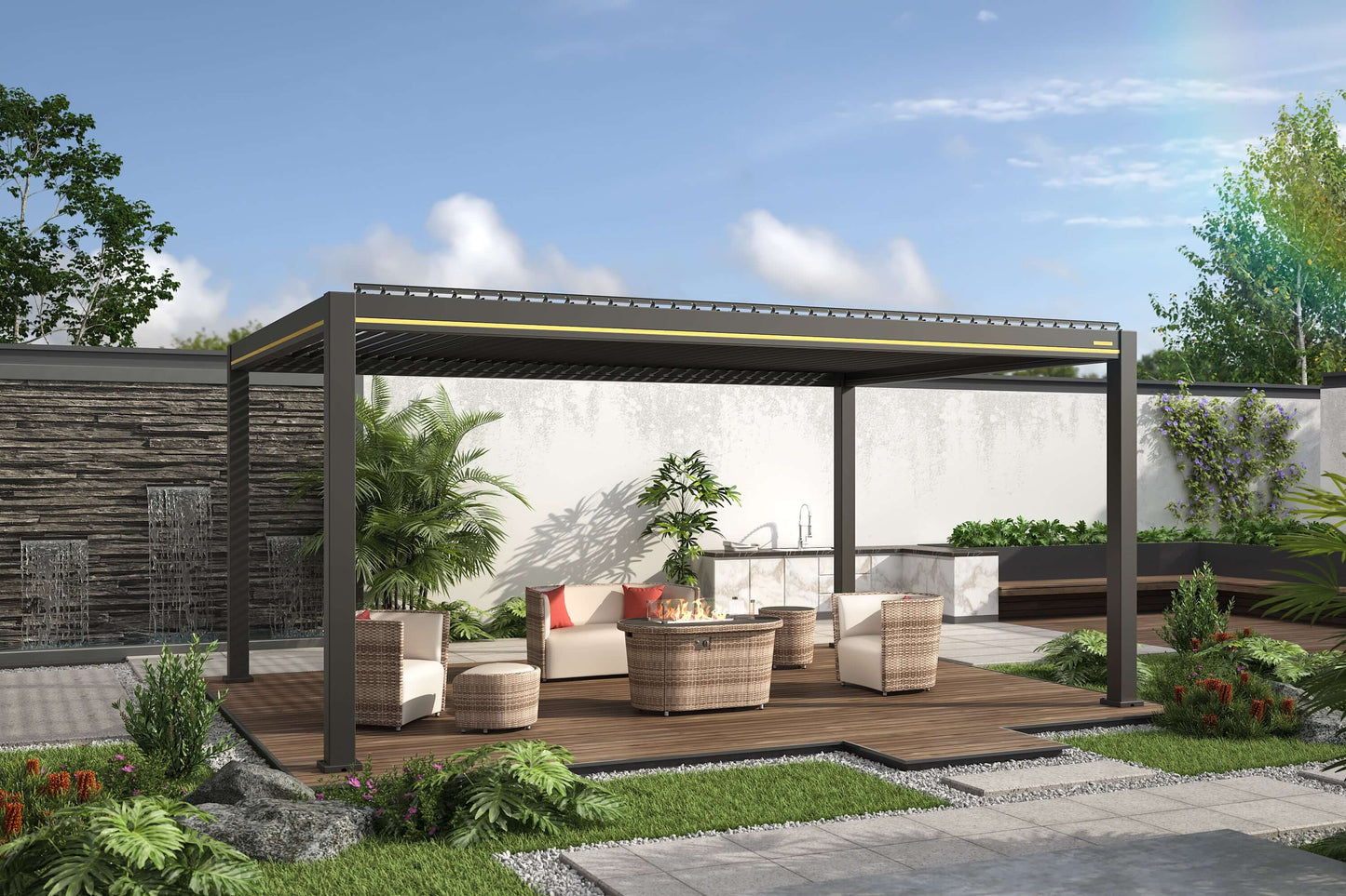 This is a black pergola with an adjustable louvered roof (currently closed). The structure is sleek, featuring black columns and beams. Beneath the pergola is a set of light beige outdoor lounge furniture, including a two-person sofa and two woven armchairs. In the center of the seating area is a woven low table with a gas fire pit integrated into the top.