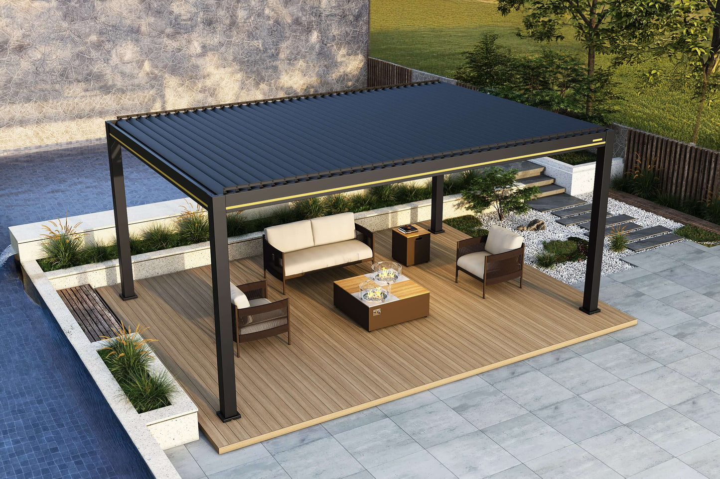In the center of the photo is a dark gray pergola with an adjustable louvered roof, providing excellent sunshade. The pergola is supported by simple, sturdy dark columns and beams. Below it is a set of beige outdoor lounge furniture, including a two-person sofa and two single armchairs, along with a wooden fire pit table. The table features a gas fire pit in the center, surrounded by a transparent glass wind guard.