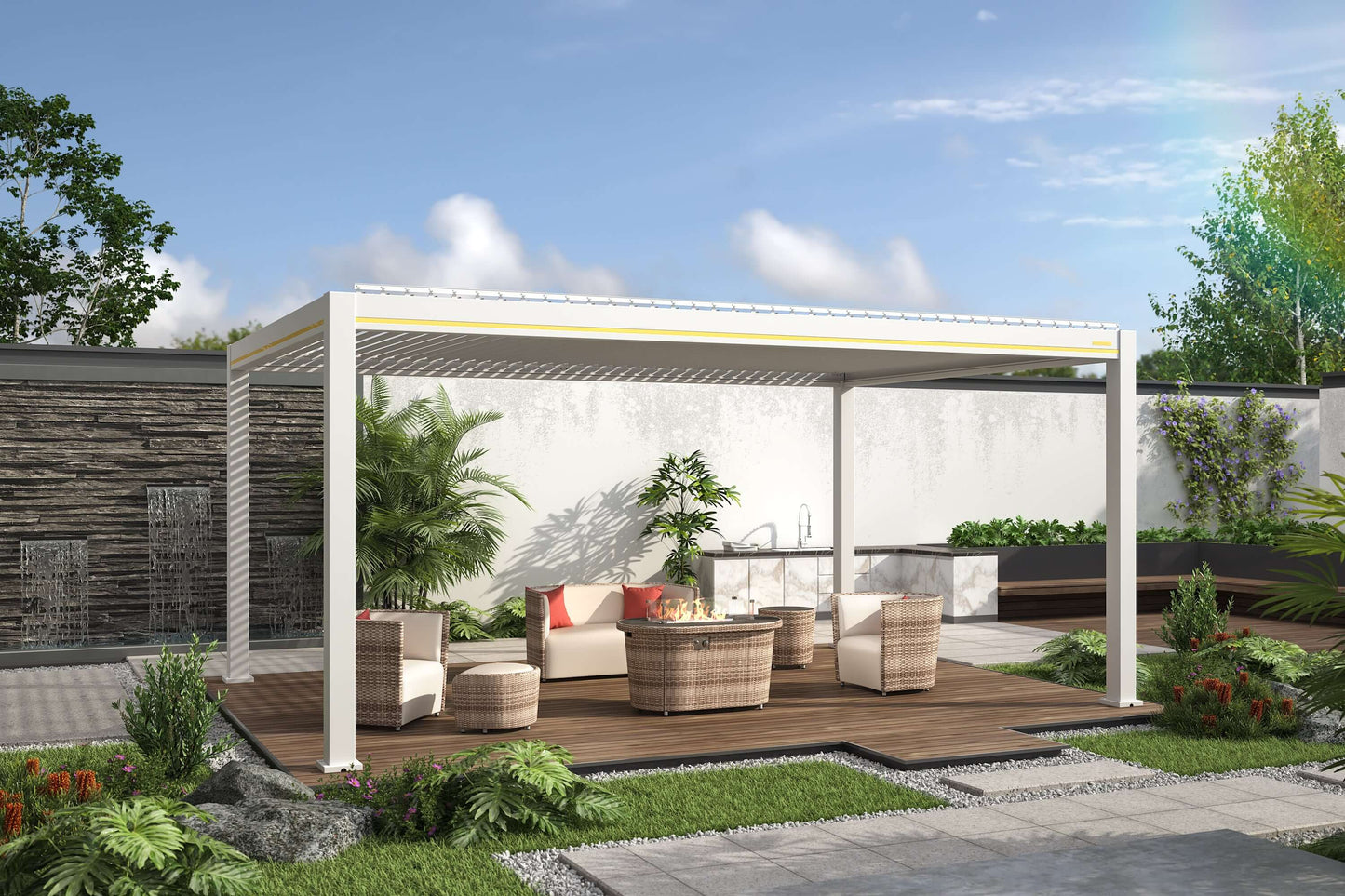 This is a white pergola with an adjustable louvered roof (currently closed). The structure is simple, made up of white columns and beams. Beneath the pergola is a set of light beige outdoor lounge furniture, including a two-person sofa and two woven armchairs. In the center of the seating area is a woven coffee table with a gas fire pit built into the top.