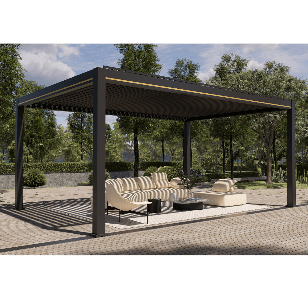 This rendering shows a modern outdoor lounge under a black motorized louvered pergola, with louvers partially open, casting striped shadows. The structure features bold black beams and posts, accented with slim gold lines for a refined touch. The space is furnished with a beige and black striped sofa, a beige lounger, a black round side table, and a black rectangular coffee table.