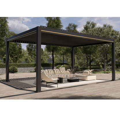 This rendering shows a modern outdoor lounge under a black motorized louvered pergola, with louvers partially open, casting striped shadows. The structure features bold black beams and posts, accented with slim gold lines for a refined touch. The space is furnished with a beige and black striped sofa, a beige lounger, a black round side table, and a black rectangular coffee table.