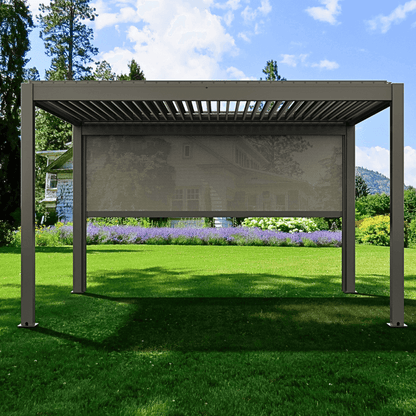 The dark gray Bon Pergola features partially open louvers, casting sleek, linear shadows below. Its structure is made up of sturdy dark gray beams and columns in a clean, modern design. One side is fitted with a light gray shade screen, partially lowered to offer soft shade and added privacy.