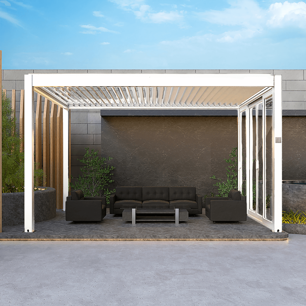 The white Bon Pergola features partially open white louvers that cast slender shadows below. Its structure is made of sturdy white beams and posts, showcasing a clean, modern design. One side is fitted with white-framed sliding glass doors, partially open to connect with the outdoors. The other side is enclosed with vertically arranged light wood-style slats, creating a semi-private space.