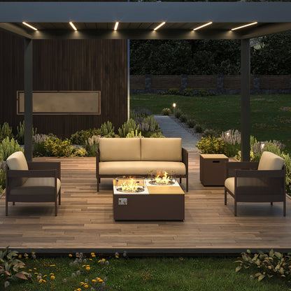 Beneath the pergola is a platform laid with light brown wooden decking, creating a warm and natural foundation for the space. A modern outdoor furniture set sits atop the deck, including a beige sofa, two dark brown woven armchairs, and a rectangular coffee table. The pergola’s design allows you to adjust the angle of the louvers, giving you control over airflow and the perfect view of the night sky.