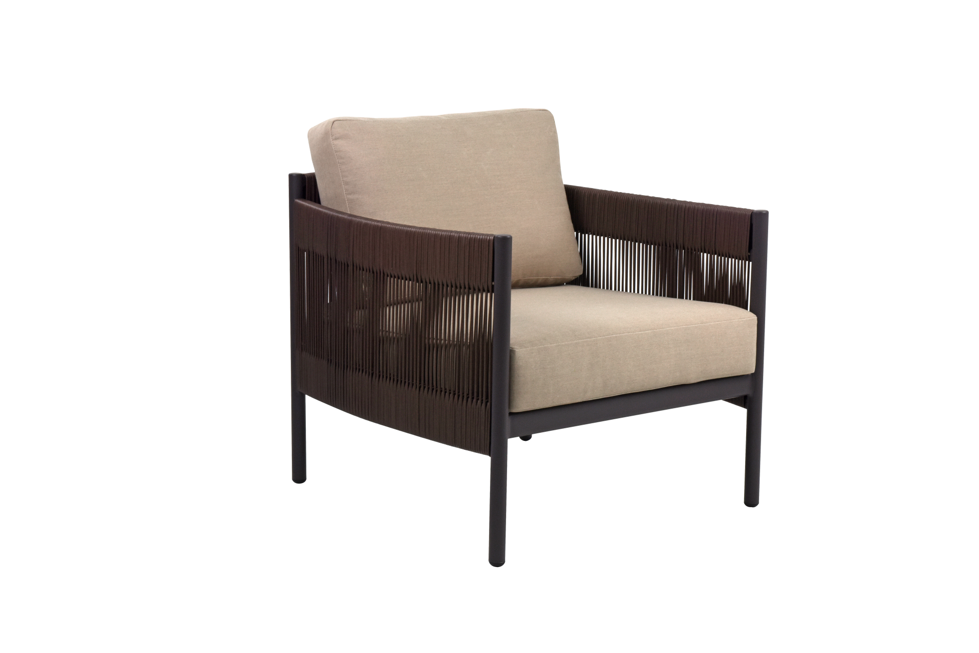 A single armchair with a dark metal frame and woven dark brown panels on the sides and back. It comes with a thick light beige seat cushion and a matching square back cushion.
