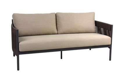 A two-person sofa featuring a dark metal frame with woven dark brown panels on both sides. It comes with a thick light beige seat cushion and two matching back cushions.