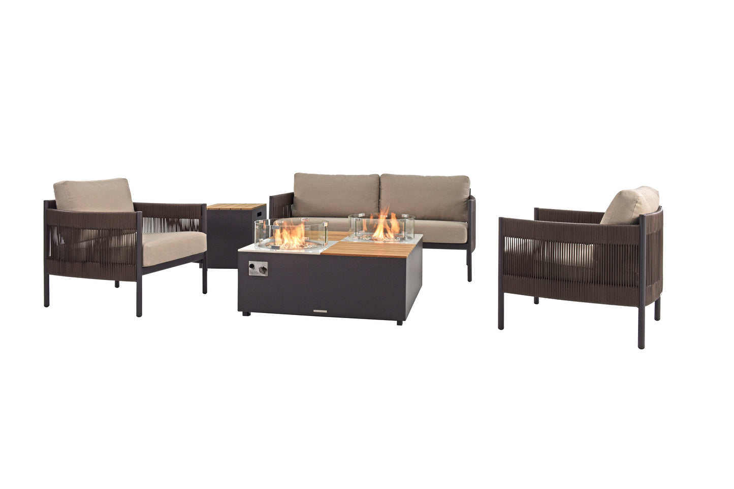 A two-seater sofa with a deep brown frame and beige cushions for a warm look.
Two matching armchairs with deep brown frames, woven details on the backrests and arms, and beige cushions.The deep gray coffee table has a fire pit in the center, with a glass wind guard for a clear view of the flames. Wood accents surround the fire feature, blending modern and natural elements.A built-in control panel with a dial allows easy flame adjustment.