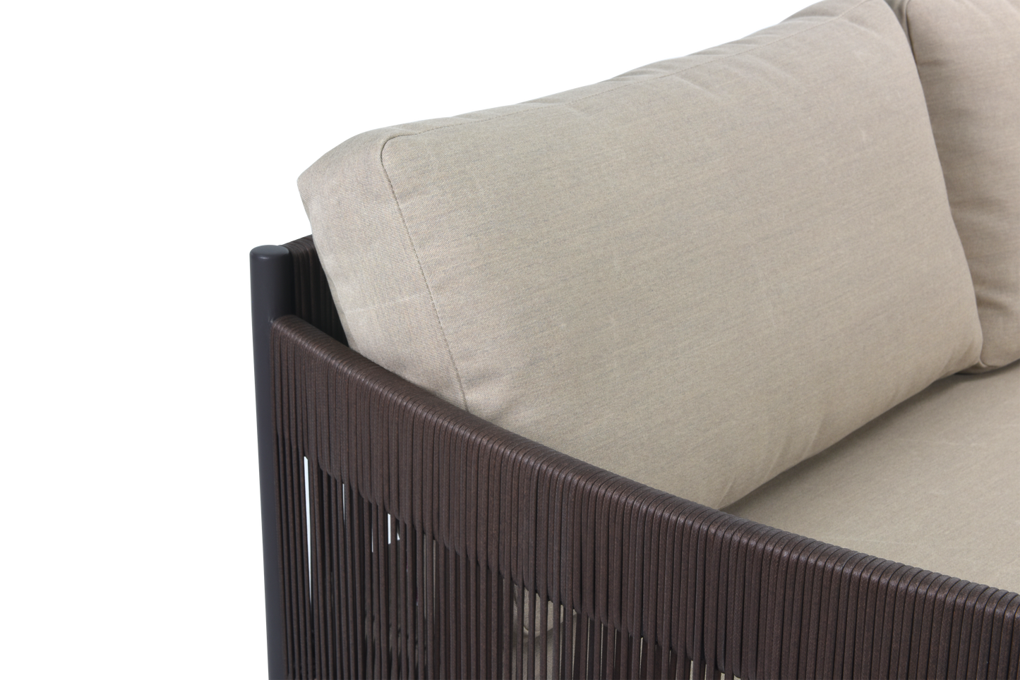 A detailed close-up of a modern outdoor sofa corner. The thick seat and back cushions are upholstered in light beige, linen-textured fabric. The sofa boasts a bold black metal frame, while the side panel features tightly woven vertical dark brown lines, adding rich texture and a sleek, uniform look to the design.