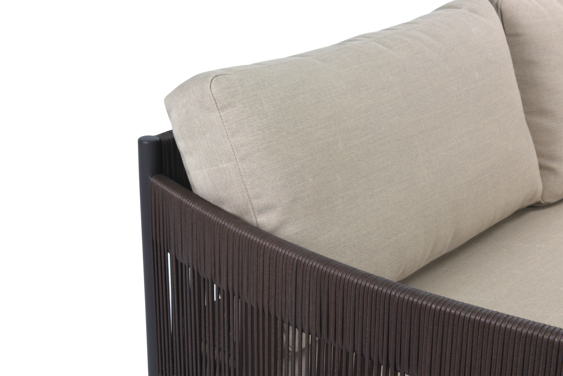 A detailed close-up of a modern outdoor sofa corner. The thick seat and back cushions are upholstered in light beige, linen-textured fabric. The sofa boasts a bold black metal frame, while the side panel features tightly woven vertical dark brown lines, adding rich texture and a sleek, uniform look to the design.