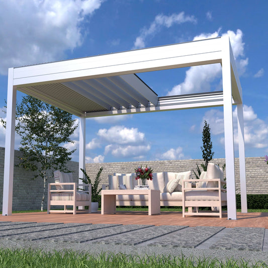 The white pergola The white pergola has its shade partially retracted, showing white beams and light gray louvers. It features sturdy white posts and beams with a modern design. Below, a set of beige outdoor furniture includes a long sofa, two armchairs, and a rectangular coffee table with flowers, books, and decor. The sofa and chairs have striped and solid cushions. The pergola is surrounded by green plants and trees, with a light-colored fence in the background.