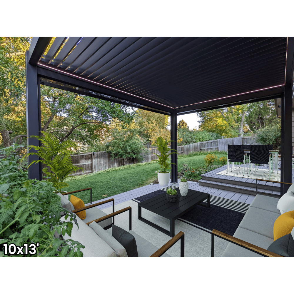 A dark gray aluminum pergola with a motorized louvered roof and LED lighting. Perfect for shade, sun protection, and outdoor gatherings.