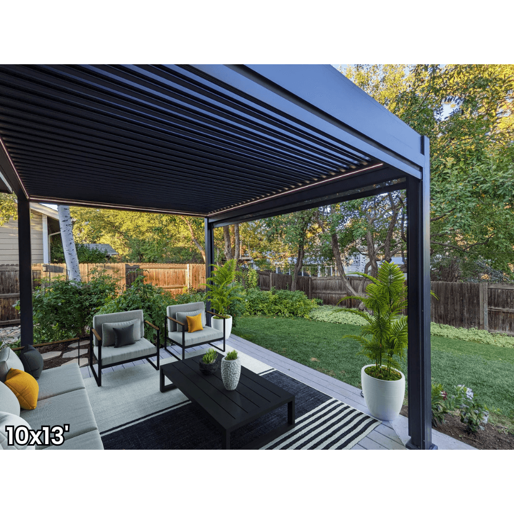 A dark gray aluminum pergola with a motorized louvered roof and LED lighting. Perfect for shade, sun protection, and outdoor gatherings.