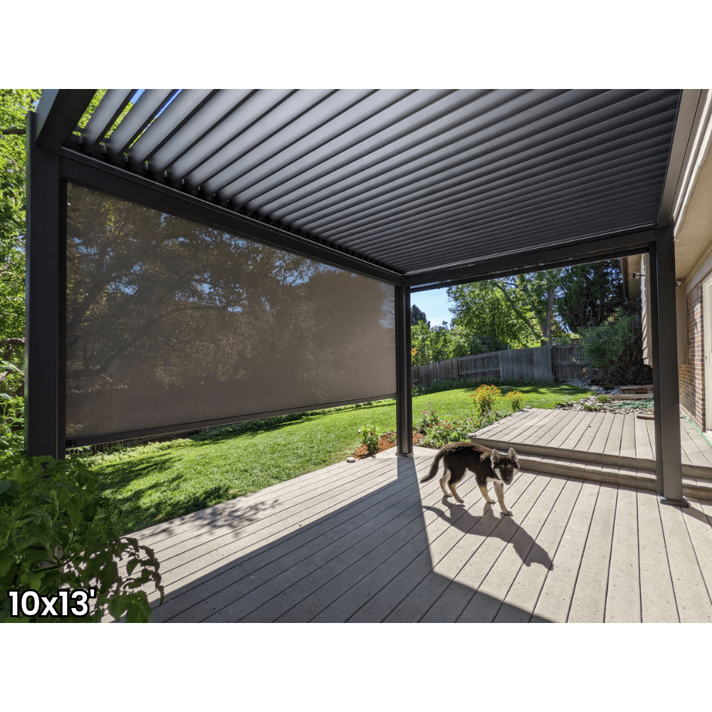 A dark gray aluminum pergola with a motorized louvered roof and LED lighting. Perfect for shade, sun protection, and outdoor gatherings.