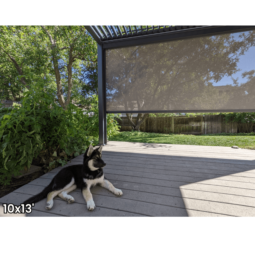 A dark gray aluminum pergola with a motorized louvered roof and LED lighting. Perfect for shade, sun protection, and outdoor gatherings.