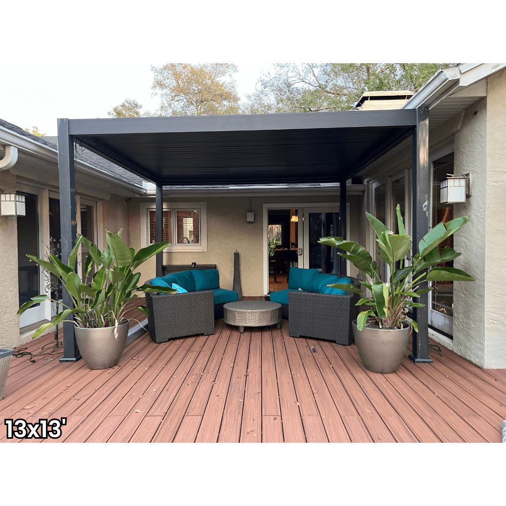 A dark gray aluminum pergola with a motorized louvered roof and LED lighting. Perfect for shade, sun protection, and outdoor gatherings.