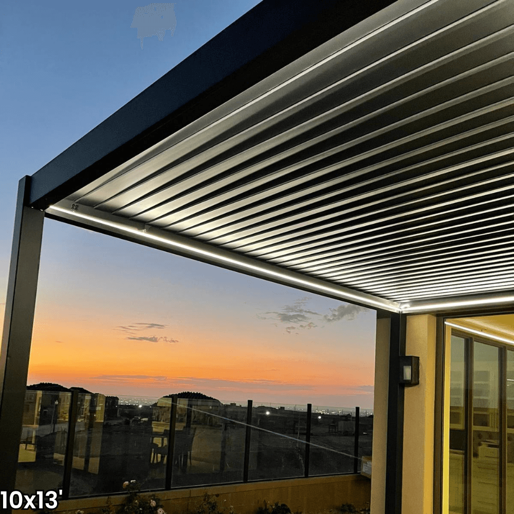 A dark gray aluminum pergola with a motorized louvered roof and LED lighting. Perfect for shade, sun protection, and outdoor gatherings.