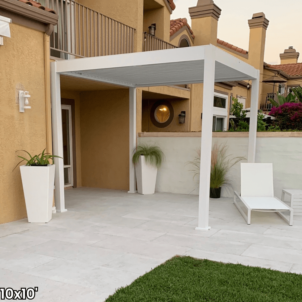 A dark gray aluminum pergola with a motorized louvered roof and LED lighting. Perfect for shade, sun protection, and outdoor gatherings.