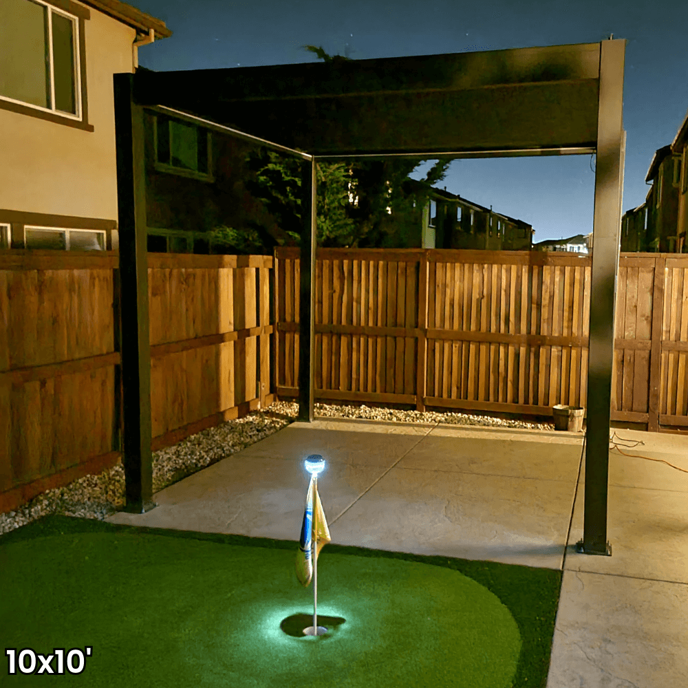 A dark gray aluminum pergola with a motorized louvered roof and LED lighting. Perfect for shade, sun protection, and outdoor gatherings.