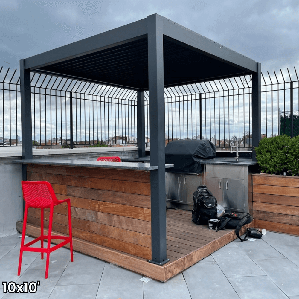 A dark gray aluminum pergola with a motorized louvered roof and LED lighting. Perfect for shade, sun protection, and outdoor gatherings.