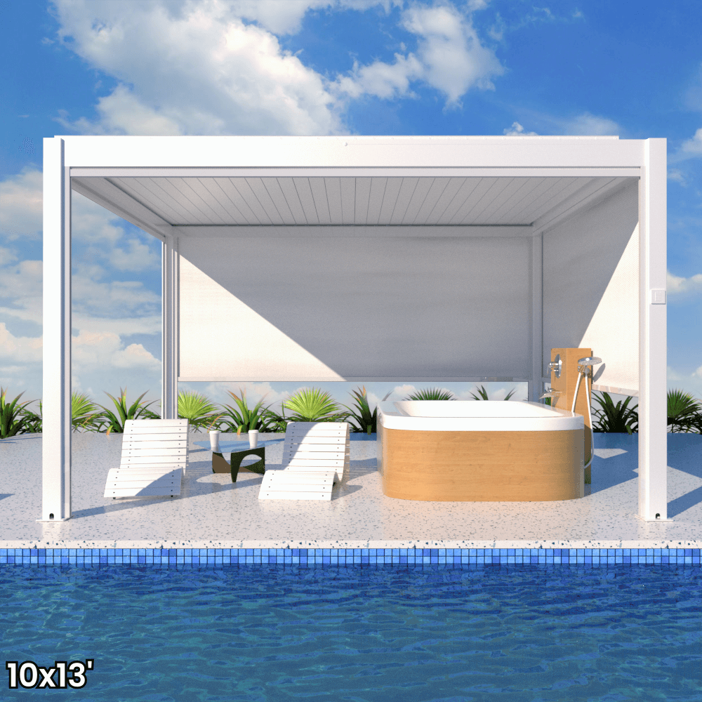 A white aluminum pergola with a motorized louvered roof and LED lighting. Perfect for shade, sun protection, and outdoor gatherings.