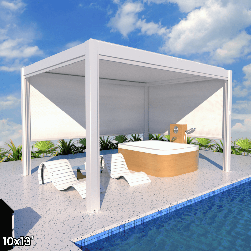 A white aluminum pergola with a motorized louvered roof and LED lighting. Perfect for shade, sun protection, and outdoor gatherings.