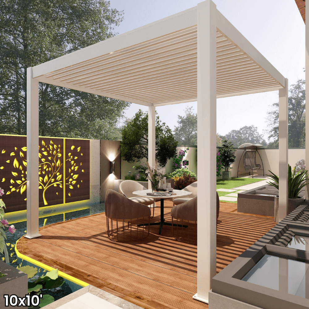 A white aluminum pergola with a motorized louvered roof and LED lighting. Perfect for shade, sun protection, and outdoor gatherings.