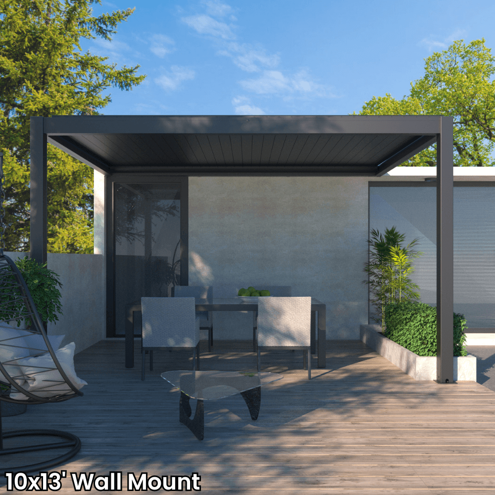A dark gray aluminum pergola with a motorized louvered roof and LED lighting. Perfect for shade, sun protection, and outdoor gatherings.