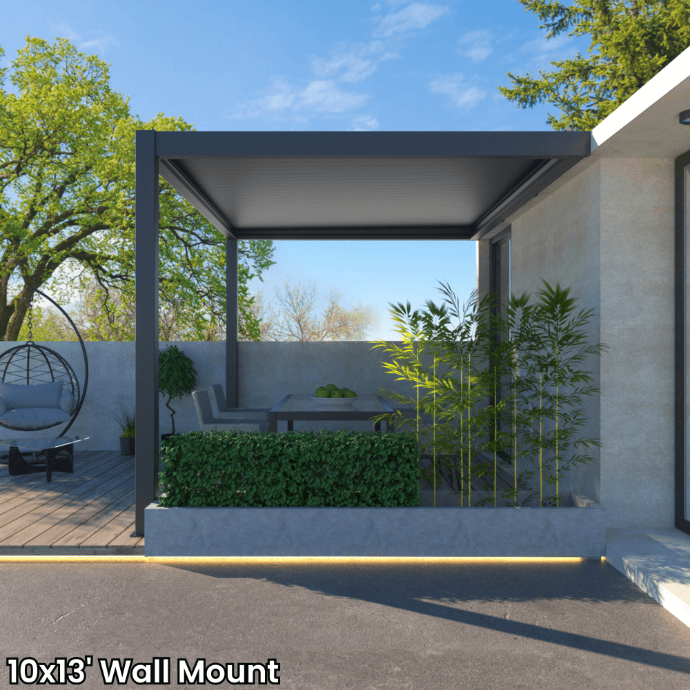 A dark gray aluminum pergola with a motorized louvered roof and LED lighting. Perfect for shade, sun protection, and outdoor gatherings.