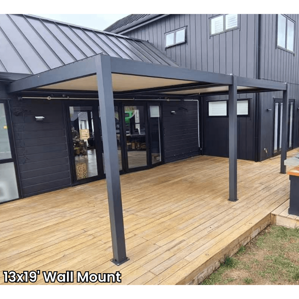 A dark gray aluminum pergola with a motorized louvered roof and LED lighting. Perfect for shade, sun protection, and outdoor gatherings.