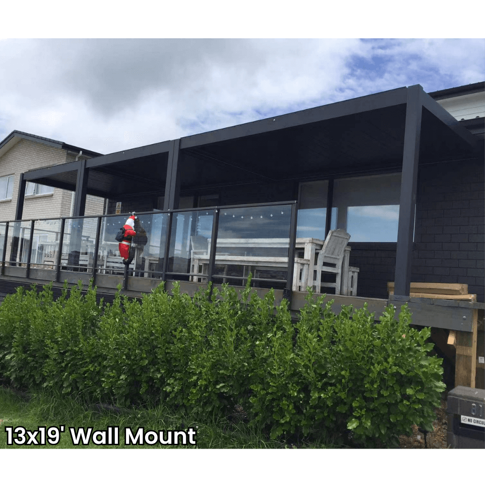 A dark gray aluminum pergola with a motorized louvered roof and LED lighting. Perfect for shade, sun protection, and outdoor gatherings.