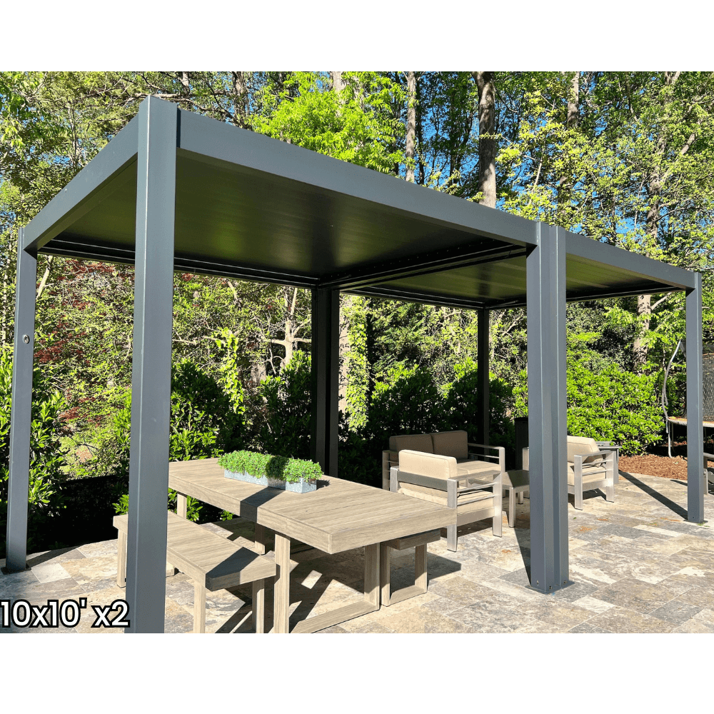 A dark gray aluminum pergola with a motorized louvered roof and LED lighting. Perfect for shade, sun protection, and outdoor gatherings.