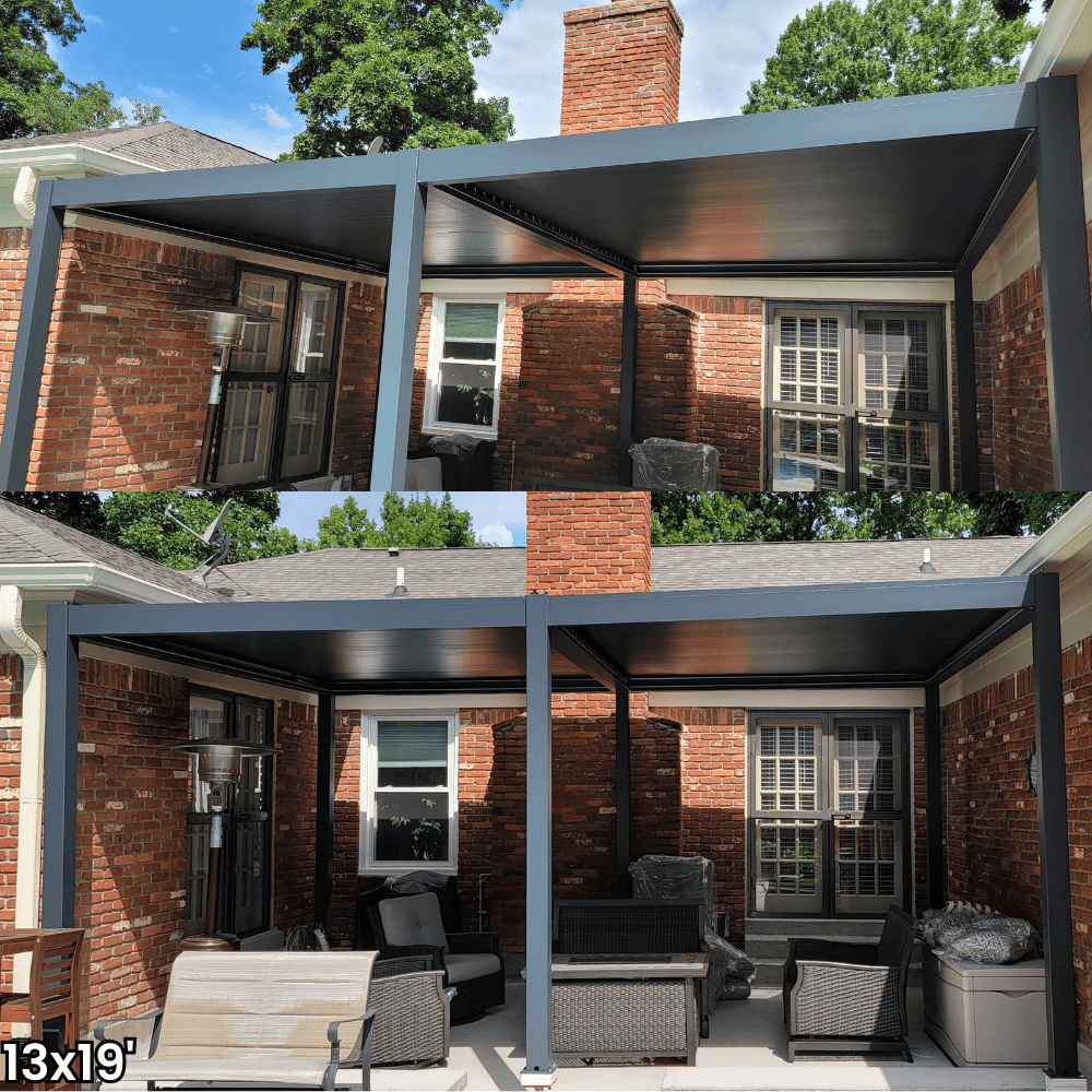 A dark gray aluminum pergola with a motorized louvered roof and LED lighting. Perfect for shade, sun protection, and outdoor gatherings.