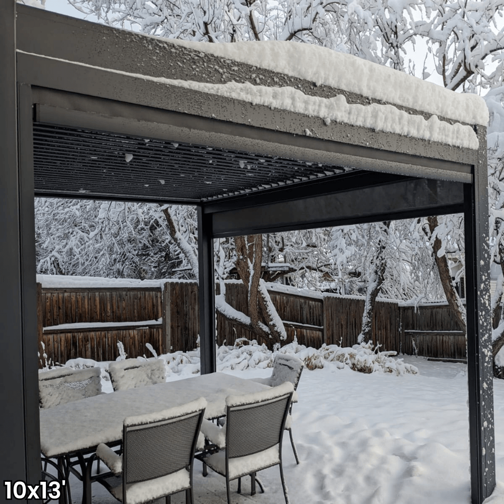 A dark gray aluminum pergola with a motorized louvered roof and LED lighting. Perfect for shade, sun protection, and outdoor gatherings.