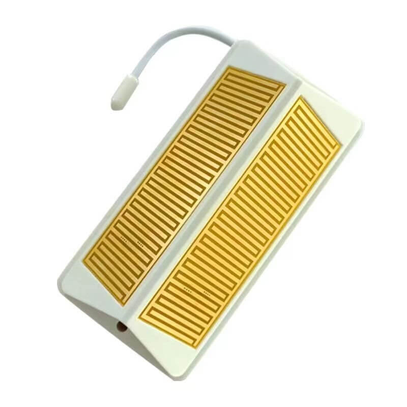 This is a product shot of the Bon Pergola Rain Sensor, featuring a sleek surface lined with parallel, snake-like metal strips. A white cable extends from one end, ending in a matching white connector. When rain is detected, the sensor automatically sends a signal to close the pergola's motorized louvers—helping protect your outdoor space and furniture from getting wet.
