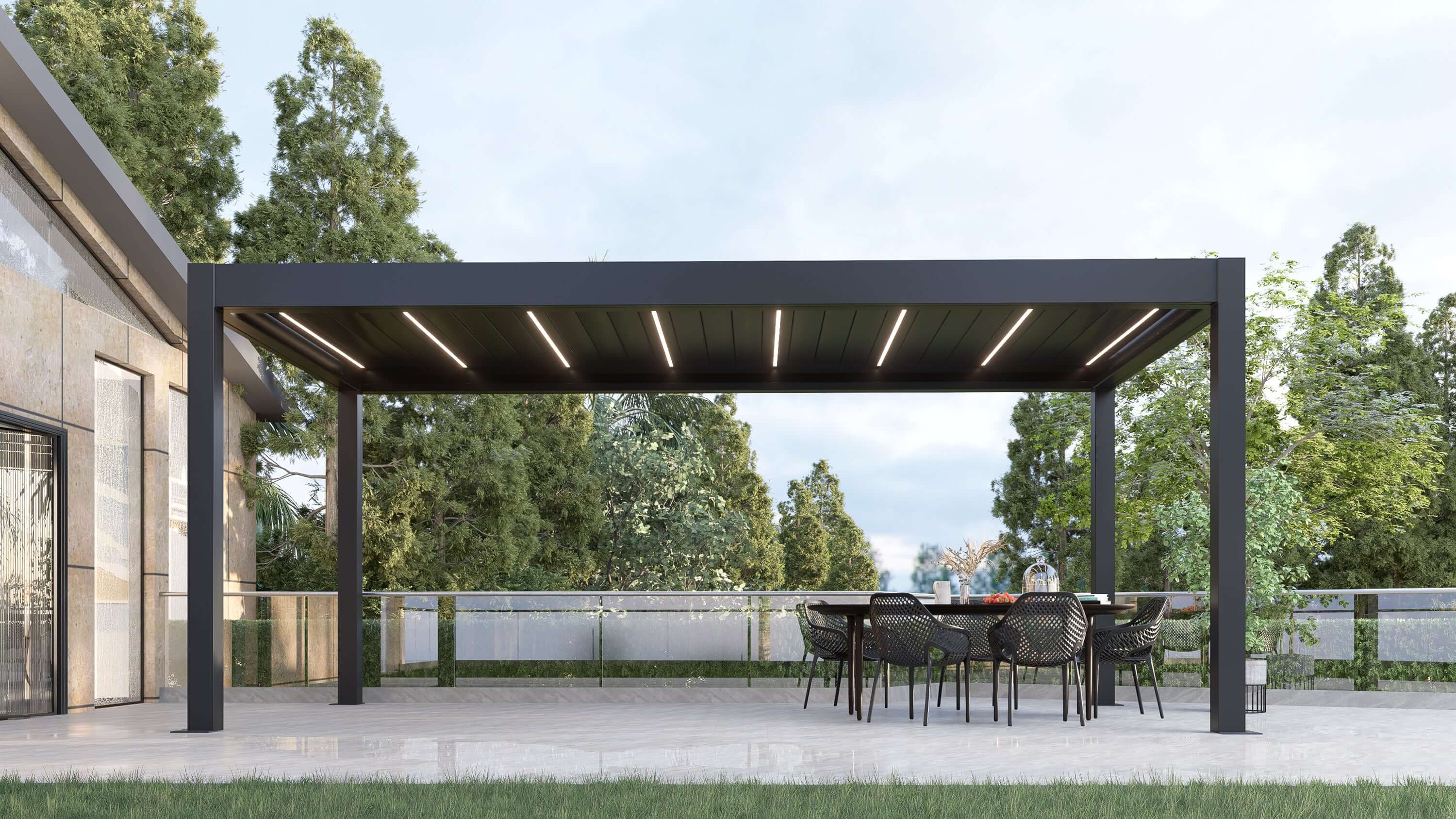 Heavy-duty aluminum pergola with motorized louvers, LED lighting, and gutter system. Provides privacy and protection from the elements.