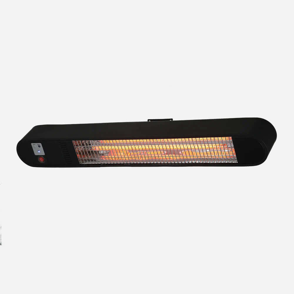 This product photo showcases the Bon Pergola Full Stainless Steel Electric Heater 1500W against a soft light gray background. The heater features a sleek black, elongated body with gently curved ends, blending modern style with functionality.

At the front, the bright orange glow of the heating element shines through a silver metal mesh guard, adding both safety and industrial appeal. On the left side, a control panel includes several buttons and indicator lights, with a red power switch for easy operation.